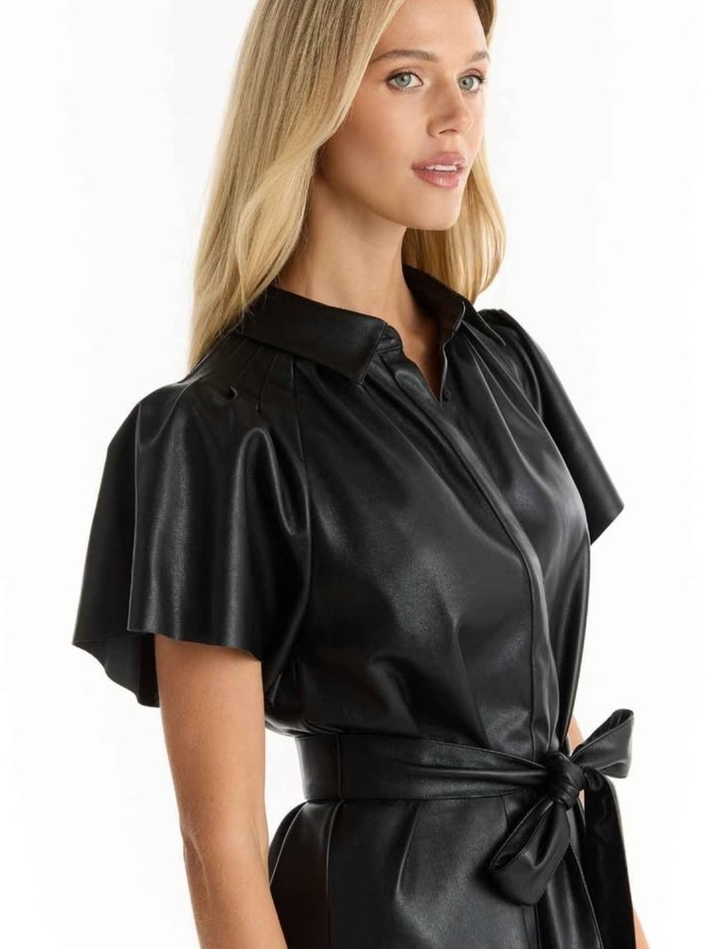 Faux Leather Black Midi Dress with Tie Waist